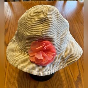 Jumping Beans baby girl gray and white striped bucket Hat with Coral Flower